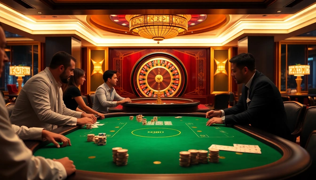 KQBD's dynamic poker scene featuring excited players and luxurious casino elements.
