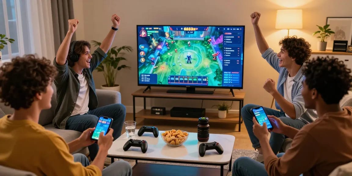 Friends enjoying the 663bet game together, celebrating victories in a cozy gaming setup.