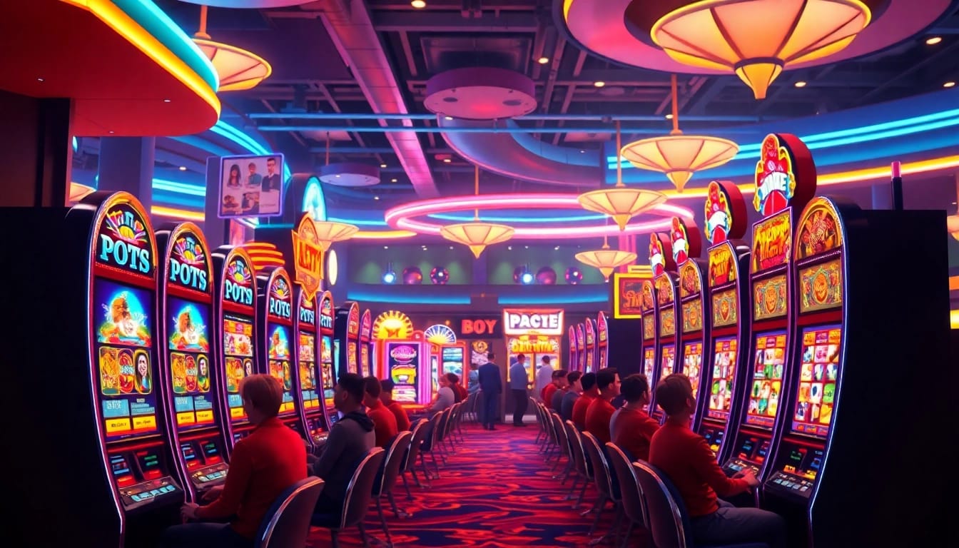 Garasislot menarik dengan mesin slot berwarna-warni dan pemain antusias di kasino virtual.