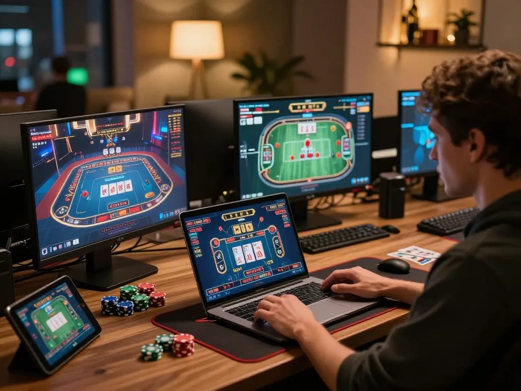 Player enjoying online casino gaming at TR88 using laptop and tablet for strategic sports betting.