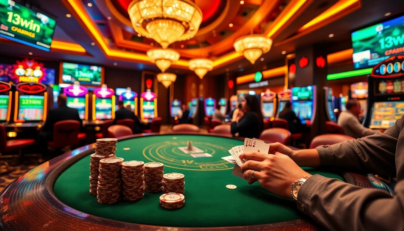 Experience the thrill of winning at 13win with polished poker chips and vibrant slot machines.