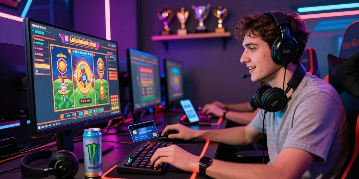 Player enjoying a credit card casino experience with card on desk and exciting games on screen.
