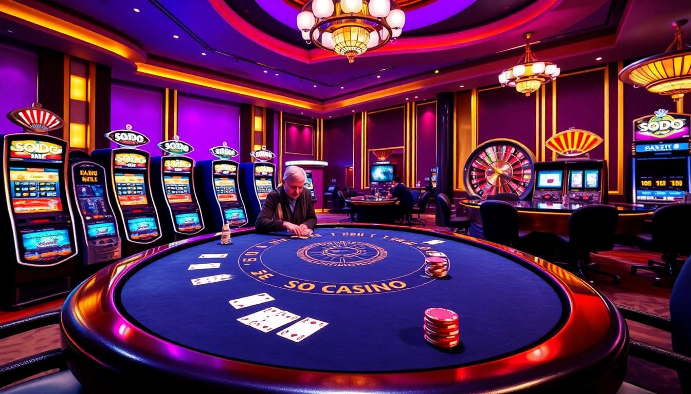 SODO Casino table with players enjoying blackjack, vibrant slot machines, and roulette action.