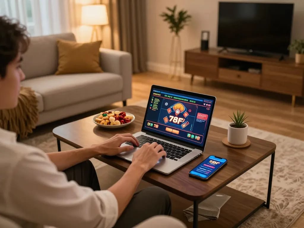 A player engages with casino games using the 789f link app on smartphone in a cozy home setup.