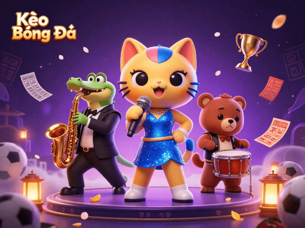 Kèo Bóng Đá sports betting illustration featuring a jazz-singer cat, a saxophone-playing crocodile, and a drum-playing bear in a vibrant casino setting.