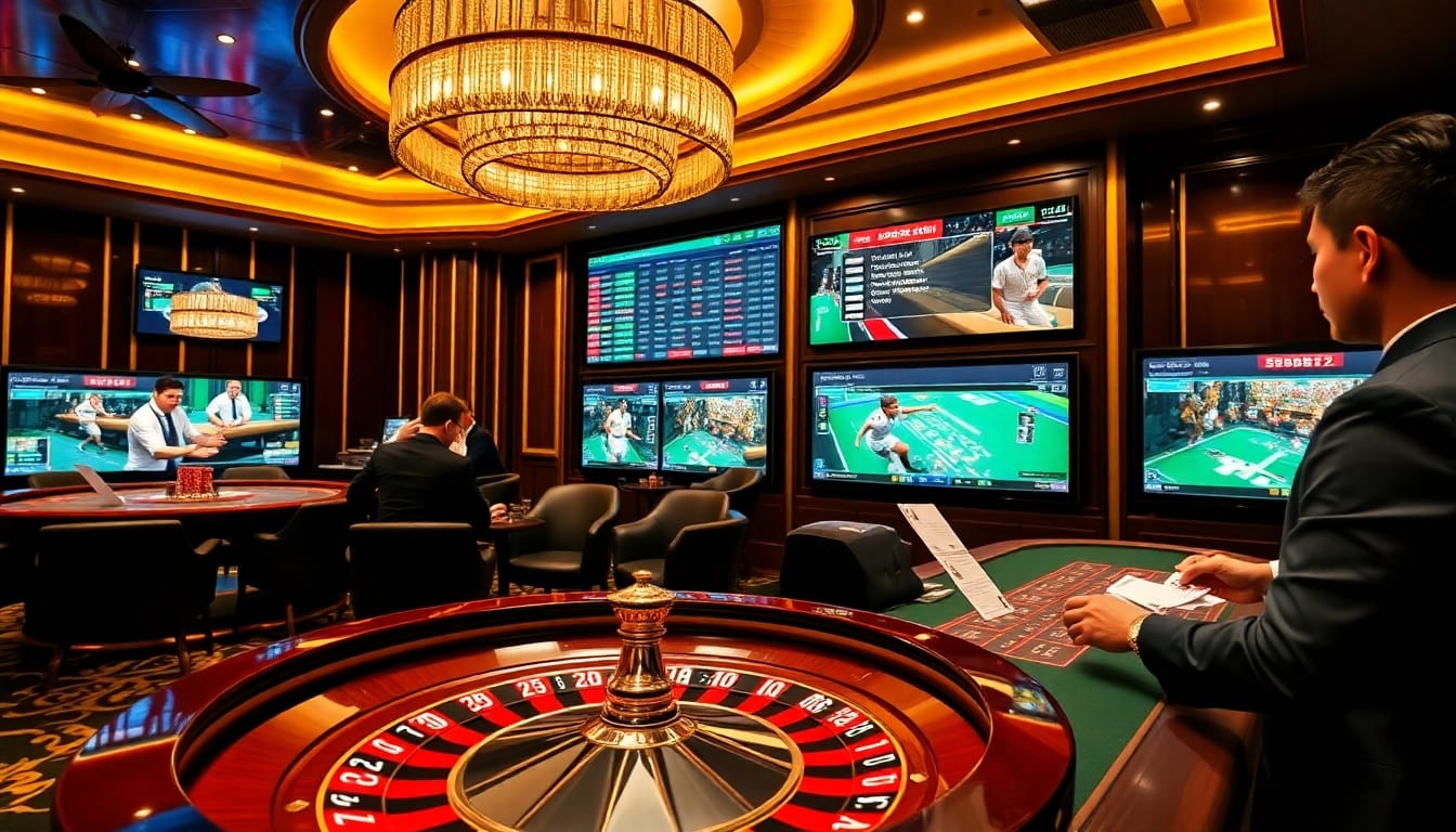 Exciting SBOBET92 gaming scene with poker chips, a roulette wheel, and sports betting screens.