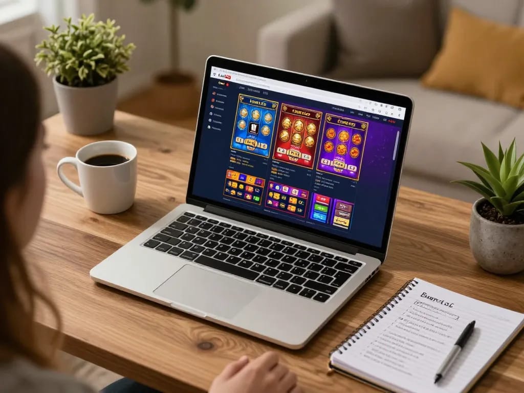 Leci123 gaming setup showcasing online slots and strategic notes in a cozy home environment
