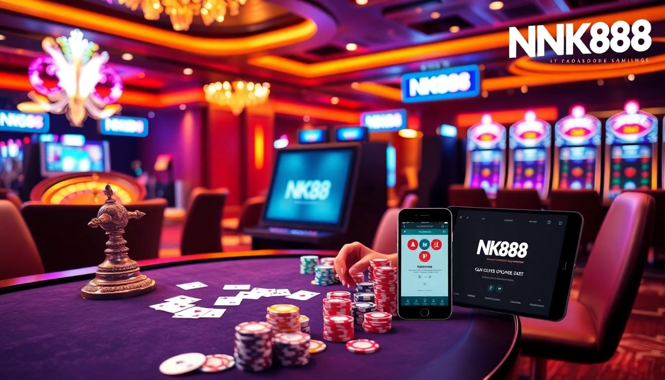 Players enjoying online gambling at NK88, with vibrant casino elements and mobile app displays.
