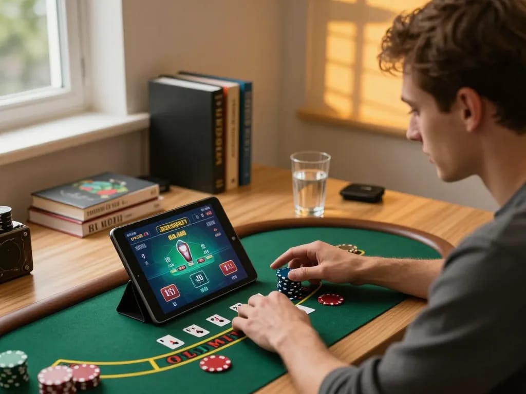 Engaged player at an online blackjack game with alarifearchitects style in a modern setting