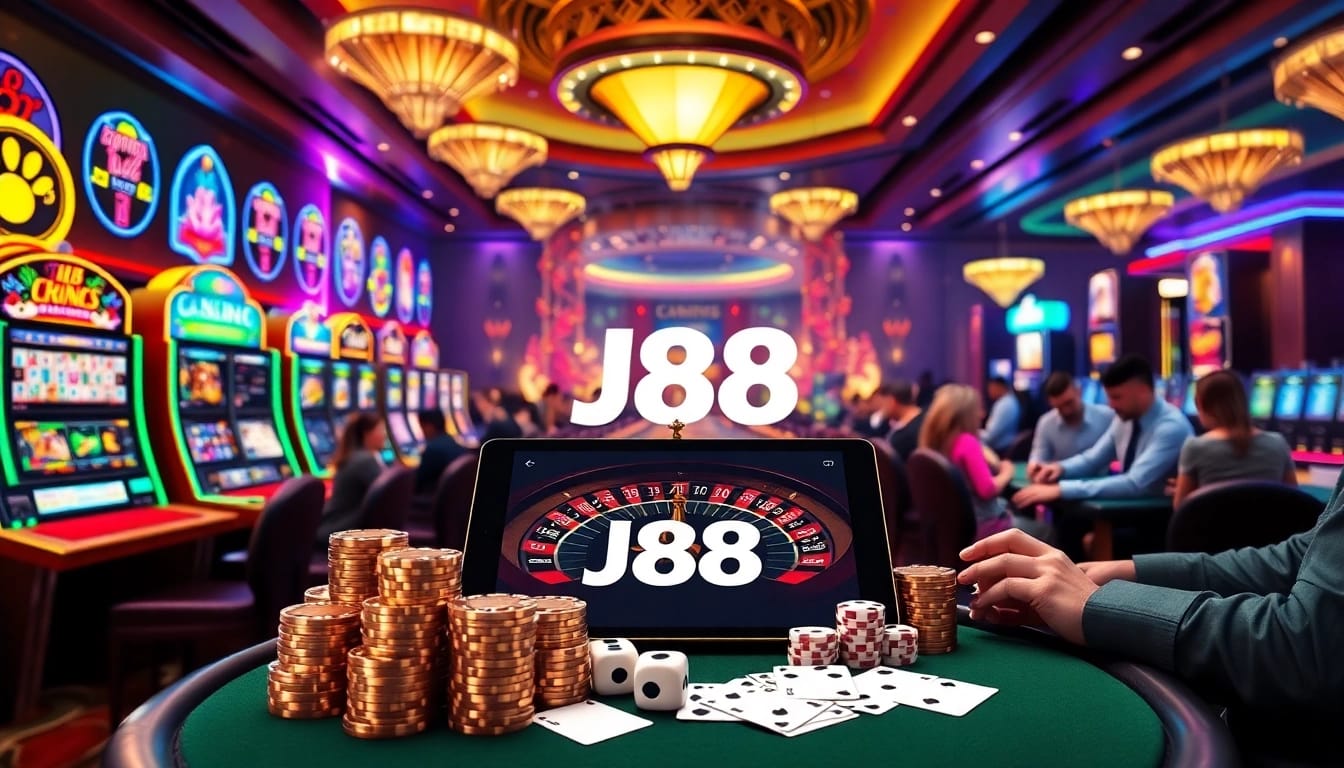 Experience the thrill of J88's luxurious casino environment filled with vibrant slot machines and poker tables.