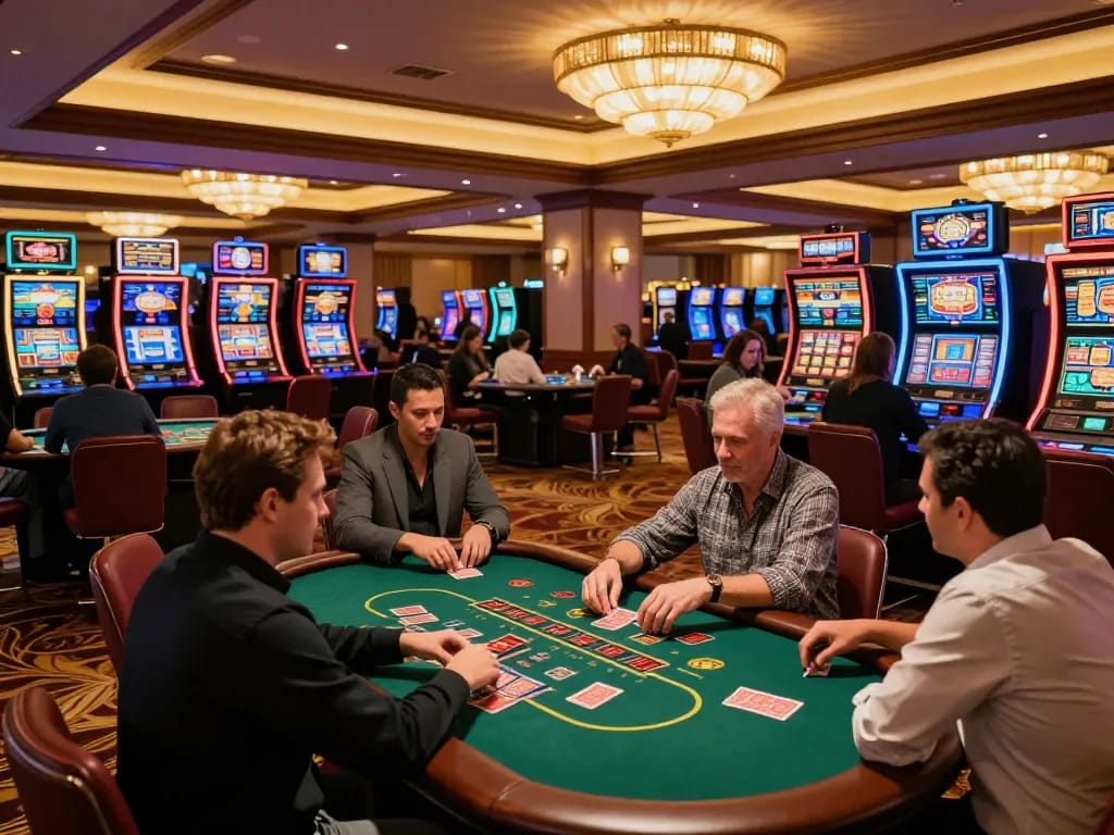 South African casinos buzzing with excitement as players engage at vibrant slot machines and blackjack tables.