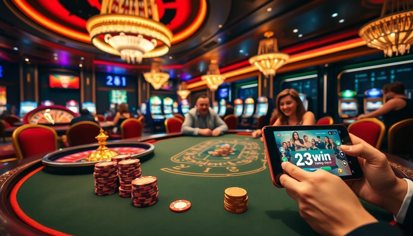 Exciting gameplay at 23win casino featuring poker tables and slot machines under vibrant lights.