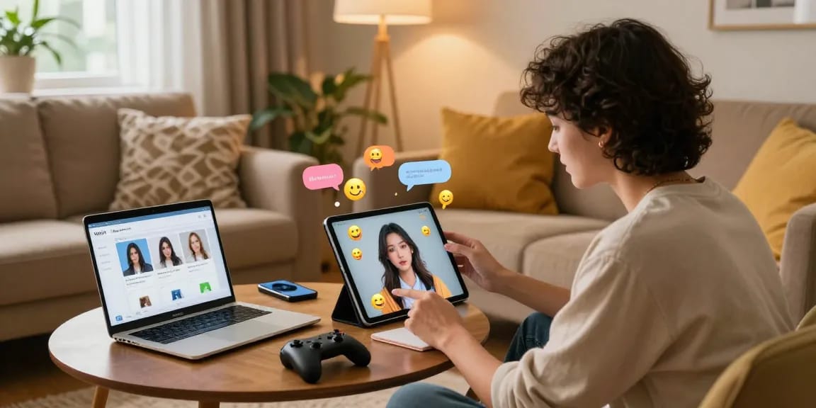 Interactive scene featuring NSFW AI chat on a tablet in a cozy living room with a virtual girlfriend.