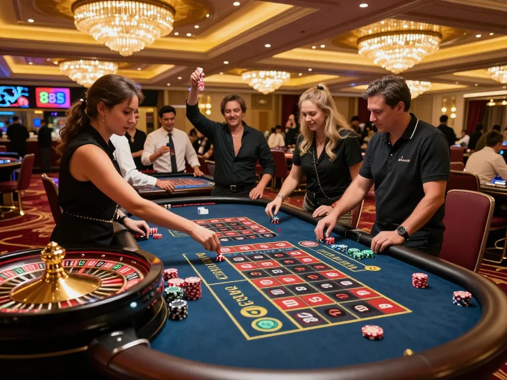 Players engaging in strategic betting at a five88 roulette table amidst vibrant casino atmosphere.