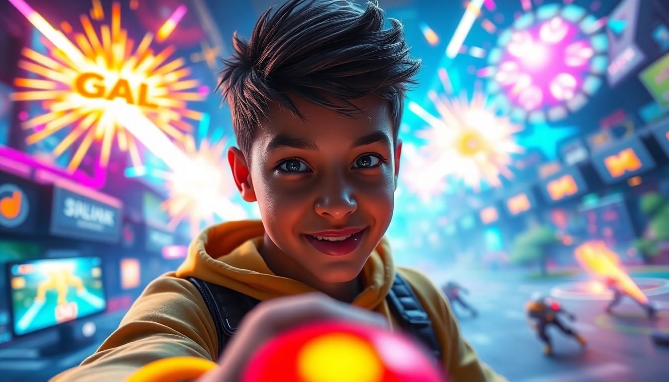 O jogo hi game apresenta um personagem vibrante imerso em uma cena de jogo emocionante.
