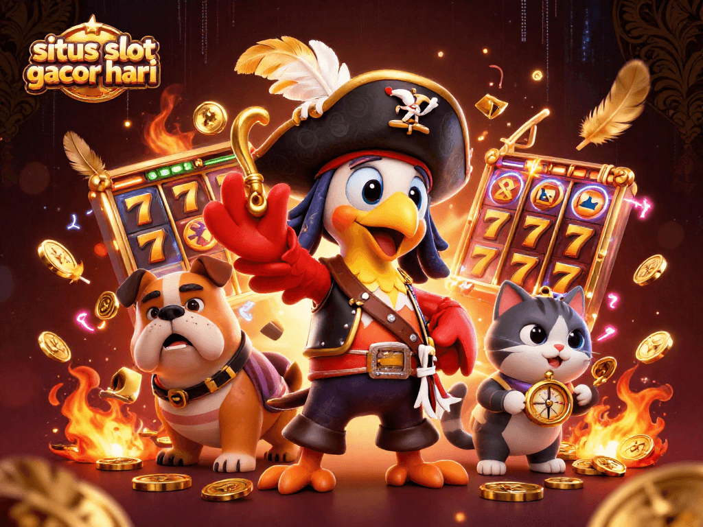 situs slot gacor hari ini memperlihatkan ilustrasi kasino yang dinamis dengan karakter kartun berdimensi tiga.