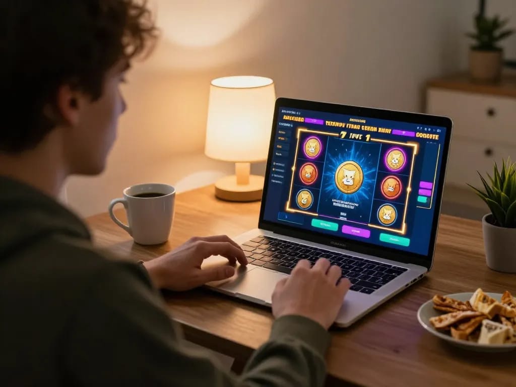 Person playing at a dogecoin casino on their laptop with snacks around during an online gaming session