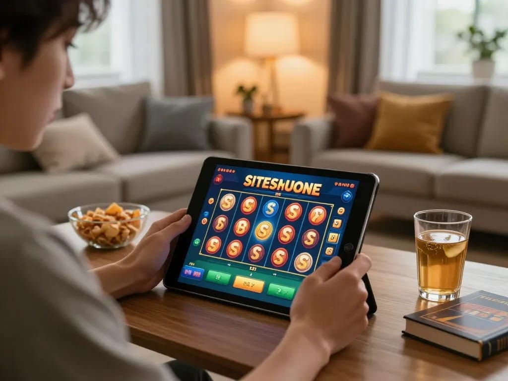 Engaging with situs slot mahjong on a tablet during online gaming at home, highlighting responsible betting.