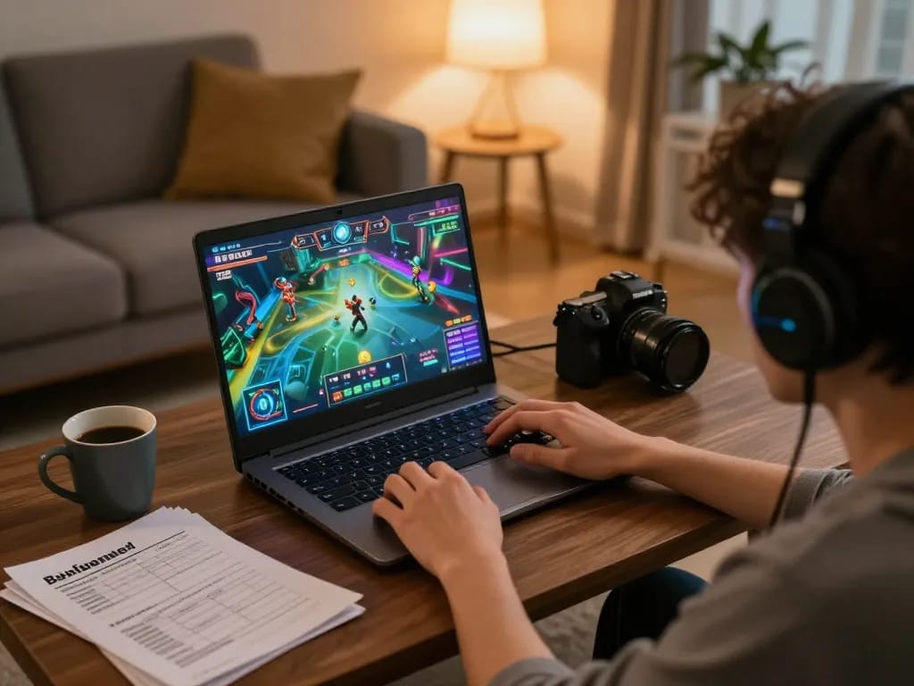 Engaging in a kdslot game on a laptop with strategic notes in a cozy living room.