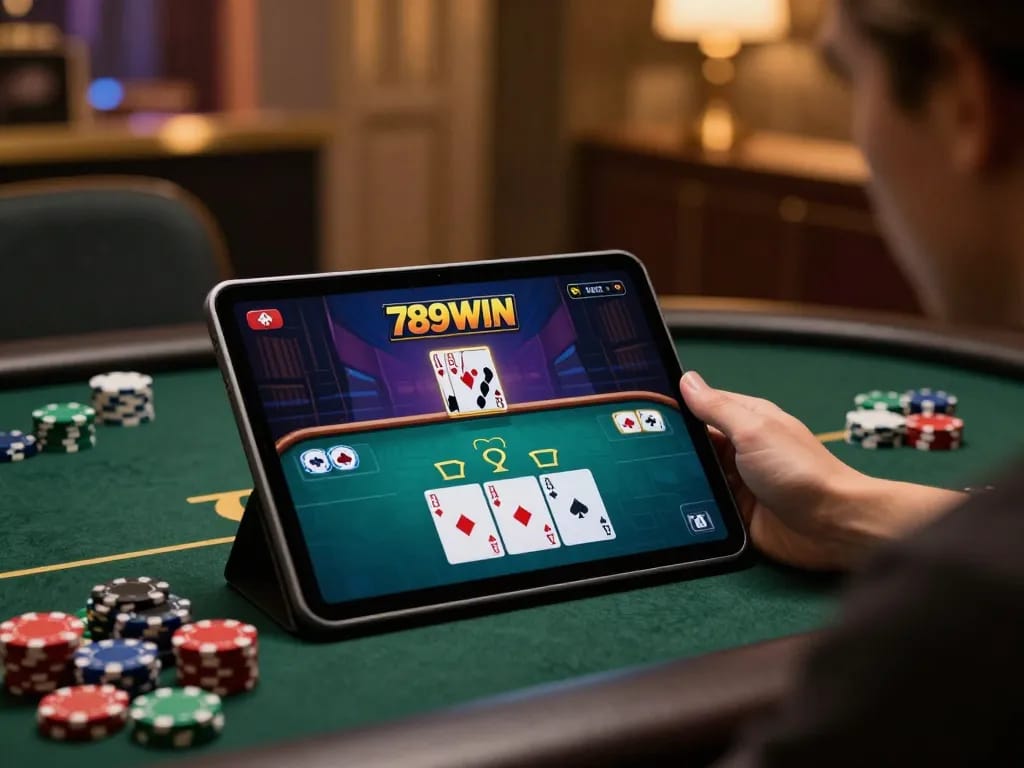 Player engaged in poker on 789WIN's platform with vibrant gaming interface and focused ambiance.