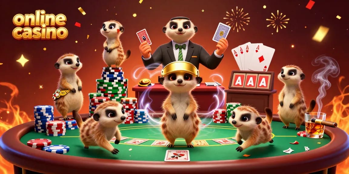 Engaging meerkats operating an online casino, showcasing creativity and excitement.