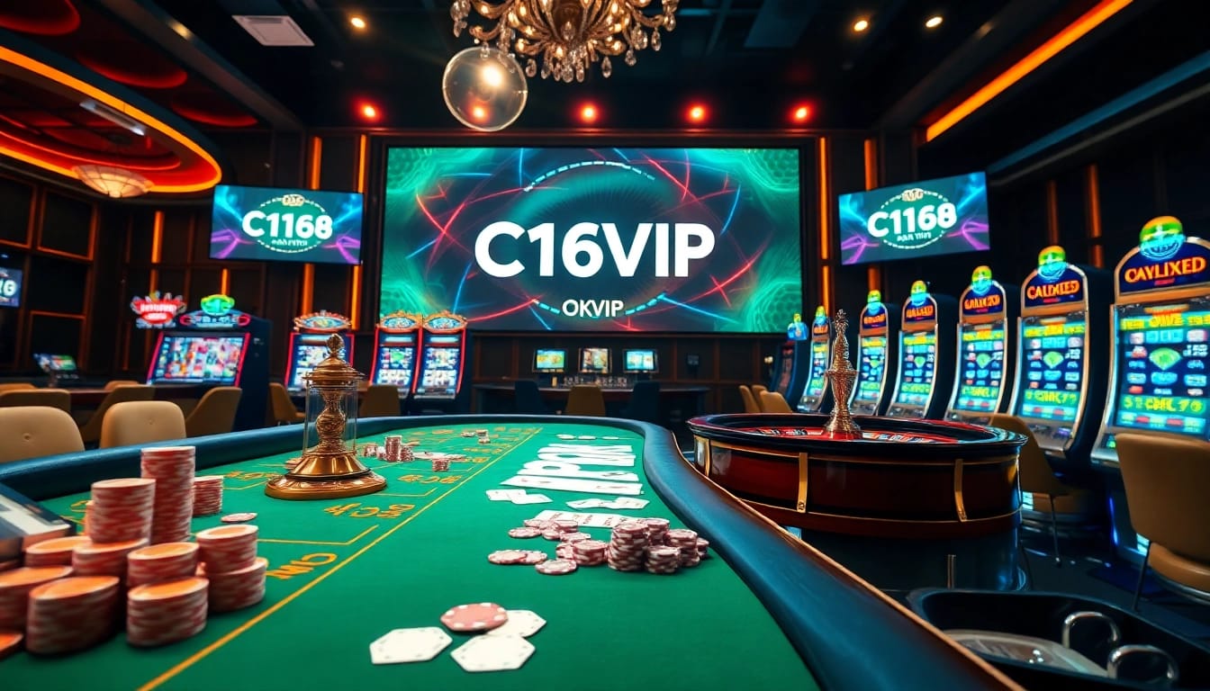 C168 OKVIP casino scene showcasing vibrant gaming excitement with poker tables and roulette wheels.