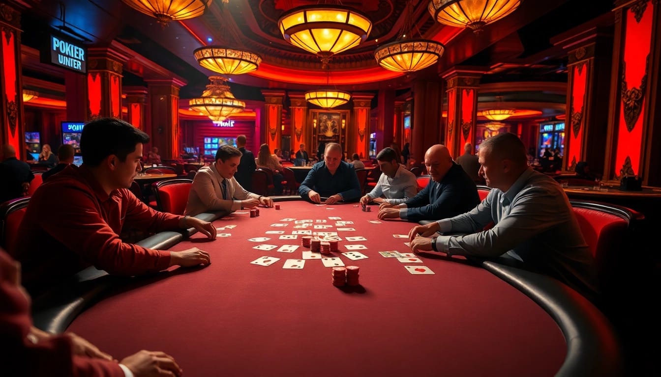 Experience the thrill of AT99娛樂 at a lively casino poker table with intense gameplay.