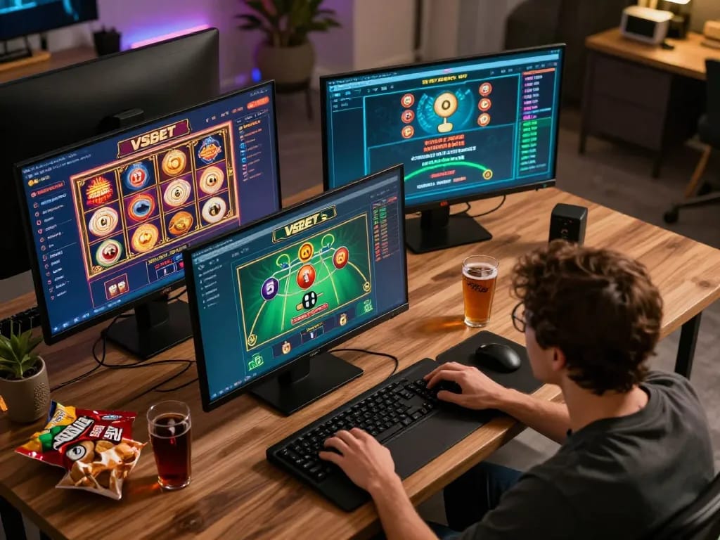 Player enjoying VSBET online gaming session with multiple screens and engaging games.