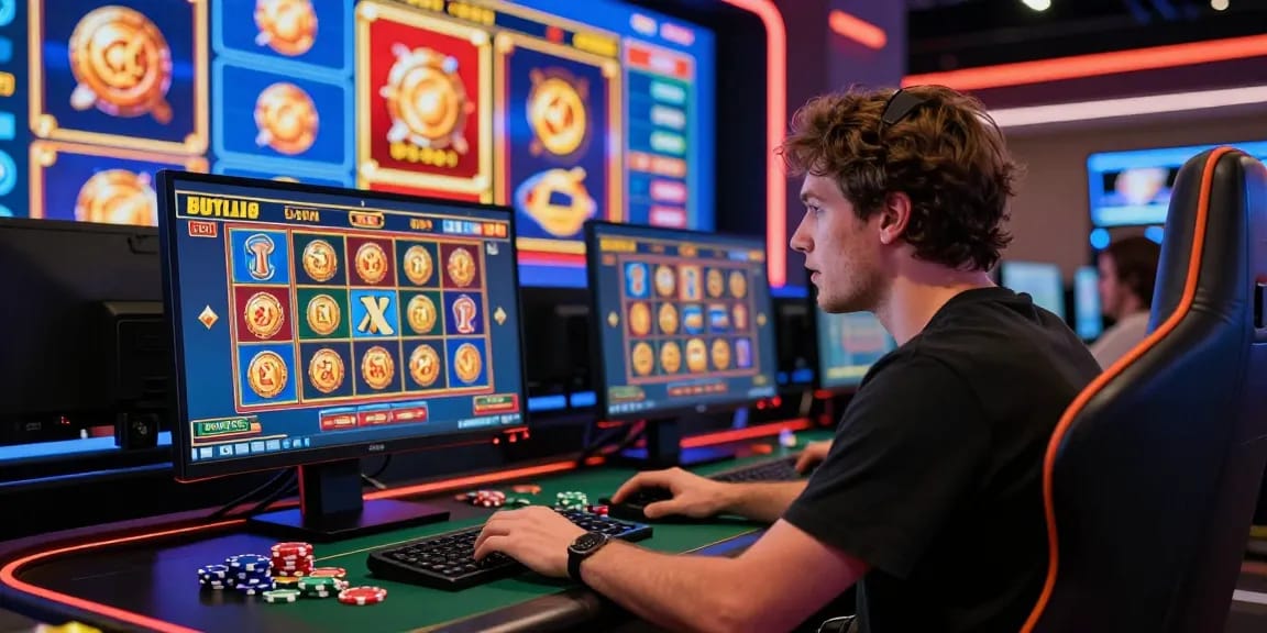 Player enjoying buy feature slots at an online casino, vibrant game graphics displayed on a sleek computer setup.