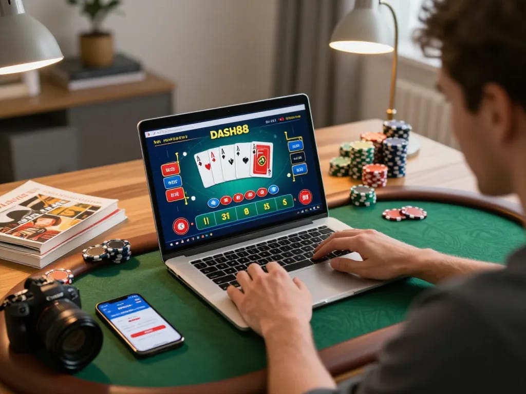 Player enjoying dash88 poker at home, focused on laptop, vibrant game graphics visible