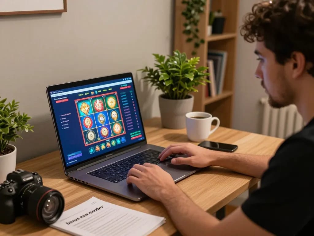 Engaged player utilizing bonus new member promotions in an online slot game at home