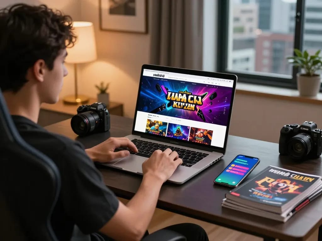 Engaging scene of a user enjoying games on Nhà Cái Kuwin's online platform from a stylish home office.