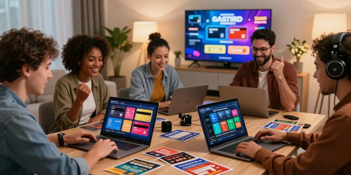 Players enjoying credit card casinos with various games in a modern home setting, showcasing excitement and colorful bonuses.