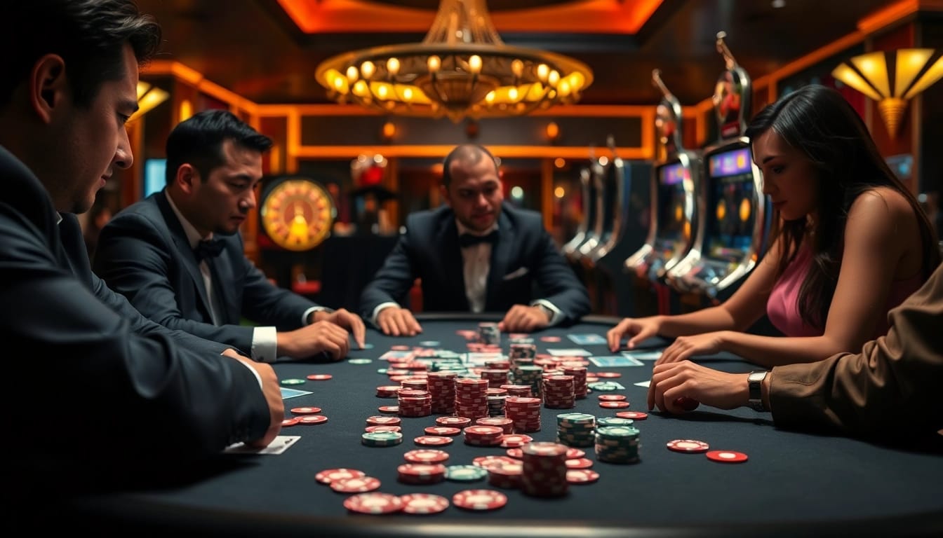 A thrilling Tiến lên 6FF game scene showcasing professional players competing at a casino table.