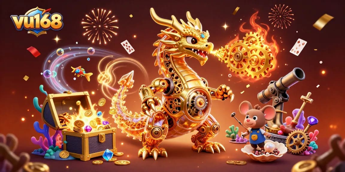Experience thrilling adventures with vu168 through vibrant casino illustration featuring dragon and treasures.
