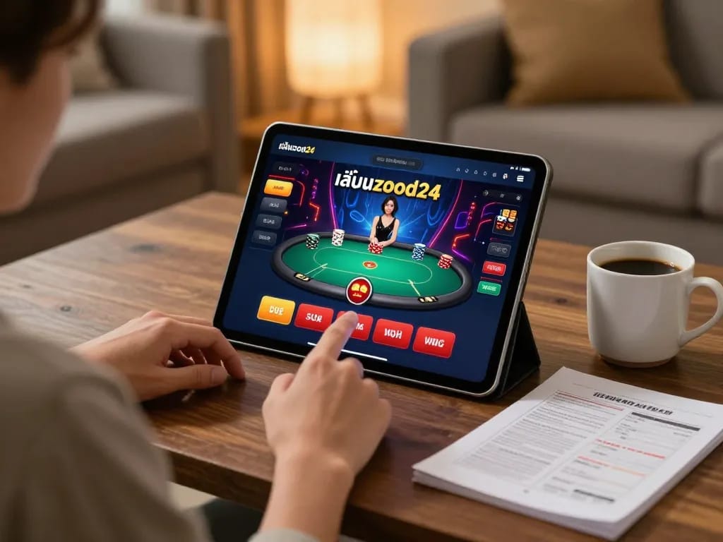Playing เล่นzood24 on tablet in a cozy home setting with casino game visuals.