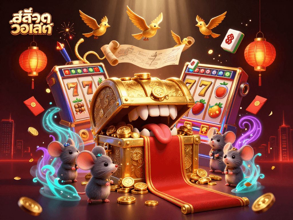 Spin the reels of สล็อตวอเลท with vibrant symbols and a fortune-filled treasure chest.