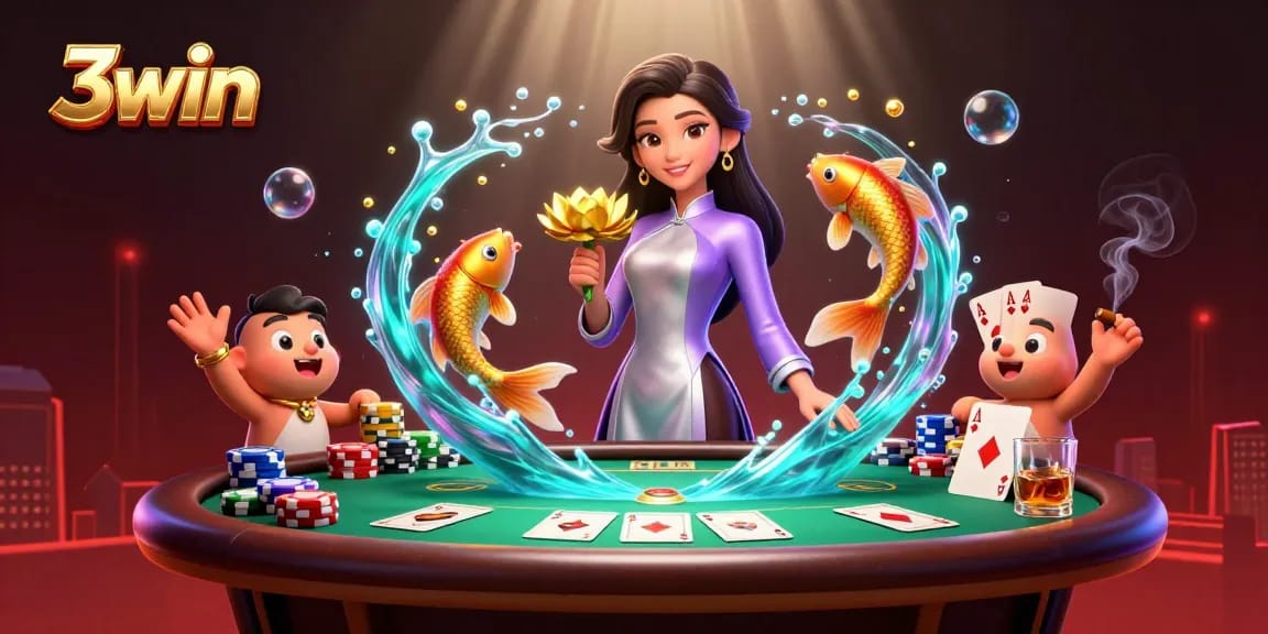 Engage in thrilling card games at 3win with golden koi fish and vibrant poker elements.