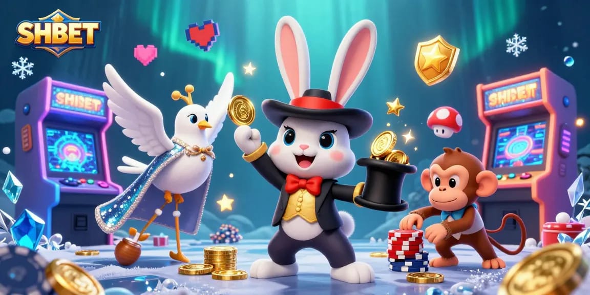 Experience thrilling gaming at SHBET with a magical scene showcasing a magician rabbit, dove, and a monkey amidst vibrant casino elements.