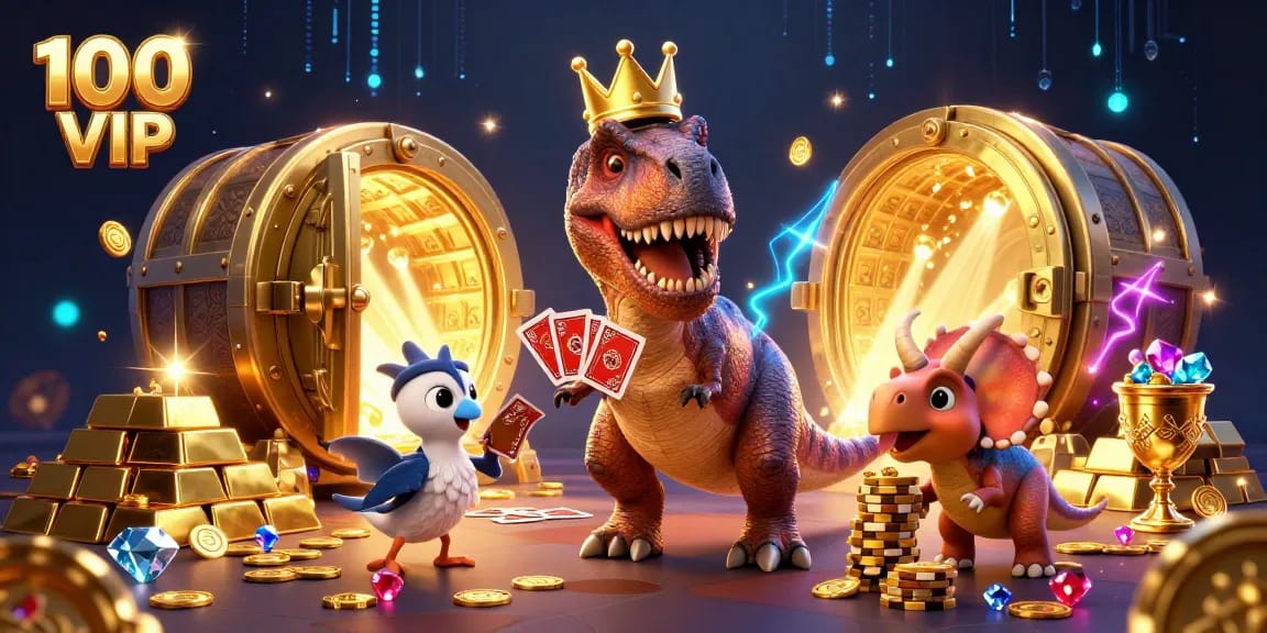100 VIP casino adventure with T-Rex shuffling cards, golden treasures, and vibrant energy.