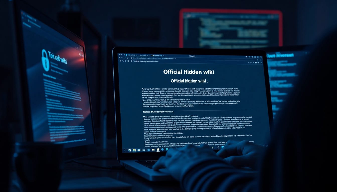 The official hidden wiki dark web interface displayed on a laptop in a secure environment.