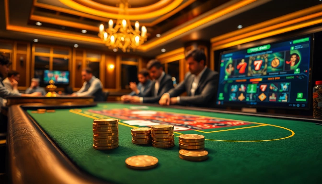 Experience thrilling gameplay at Thabet casino with vibrant poker tables and elegant decor.