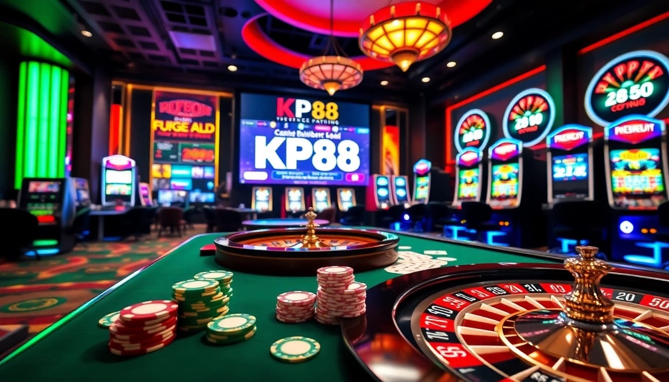 Experience the excitement of KP88 with vibrant casino visuals, poker chips, and slot machines.