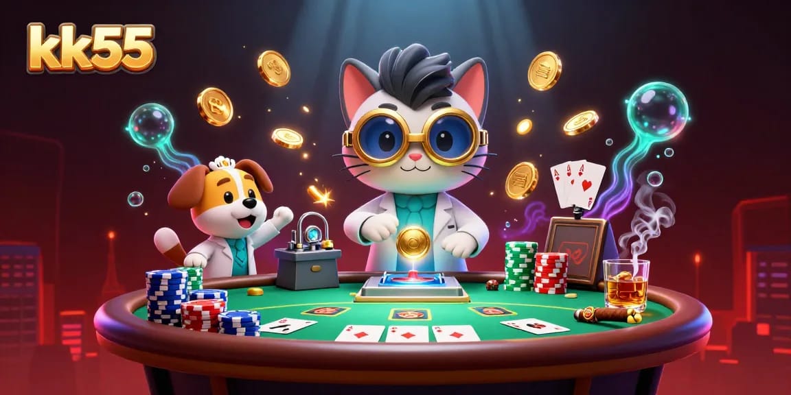 Experience thrilling wins at kk55 with mad scientist cat and dog at a poker table bursting with action.
