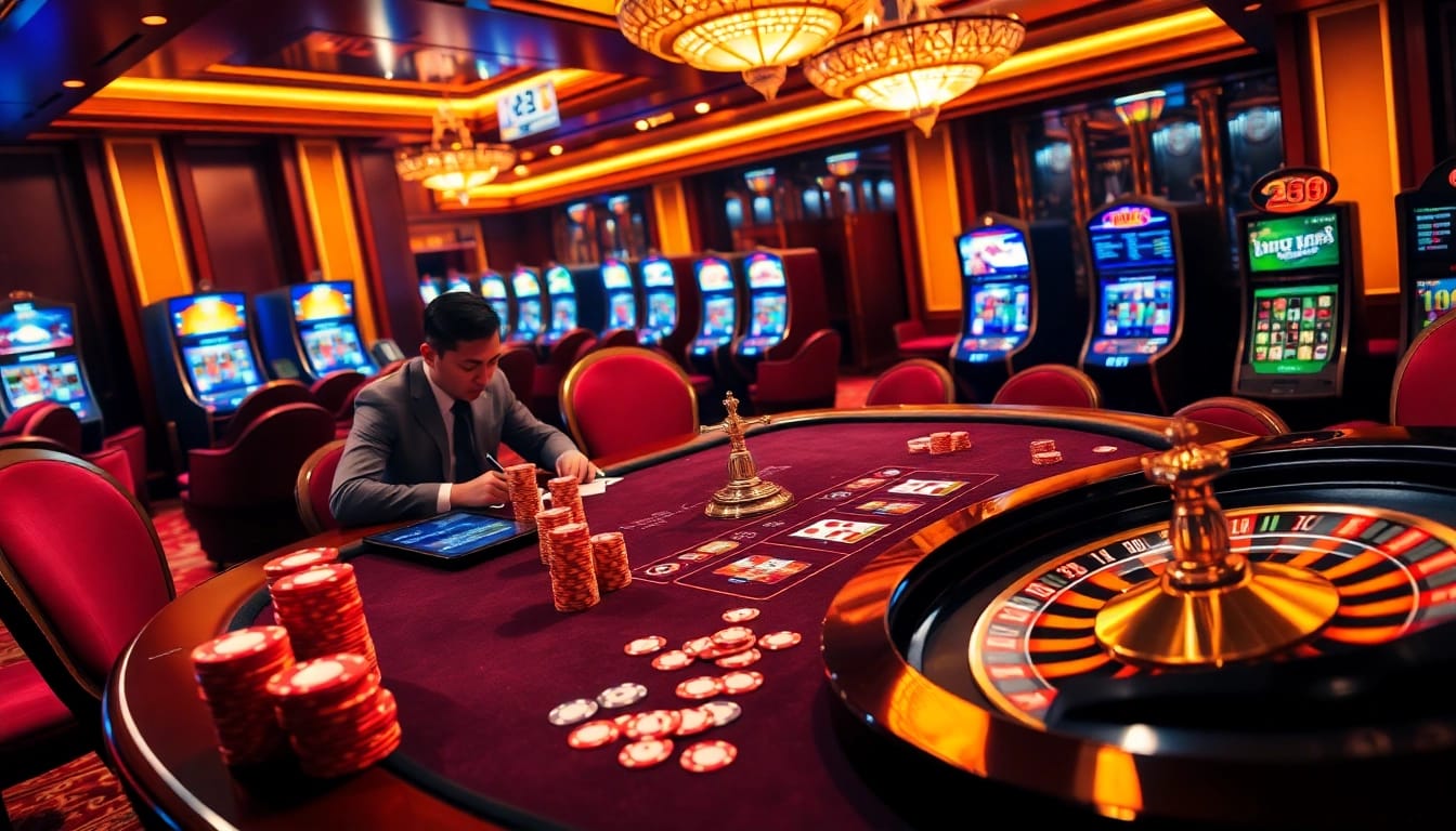 Professional gamblers placing bets amid vibrant poker chips and roulette wheel at hz88 nhà cái casino scene