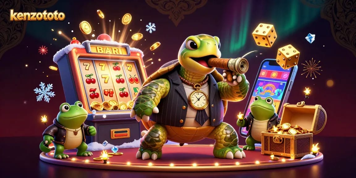 Win big with kenzototo at an exciting slot machine, featuring colorful lights and playful characters.