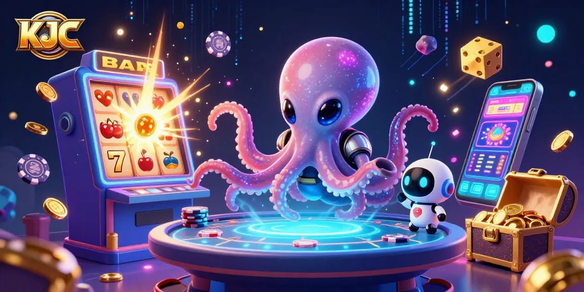 KJC offers an exciting space-themed gaming experience with a holographic poker table and vibrant slot machines.