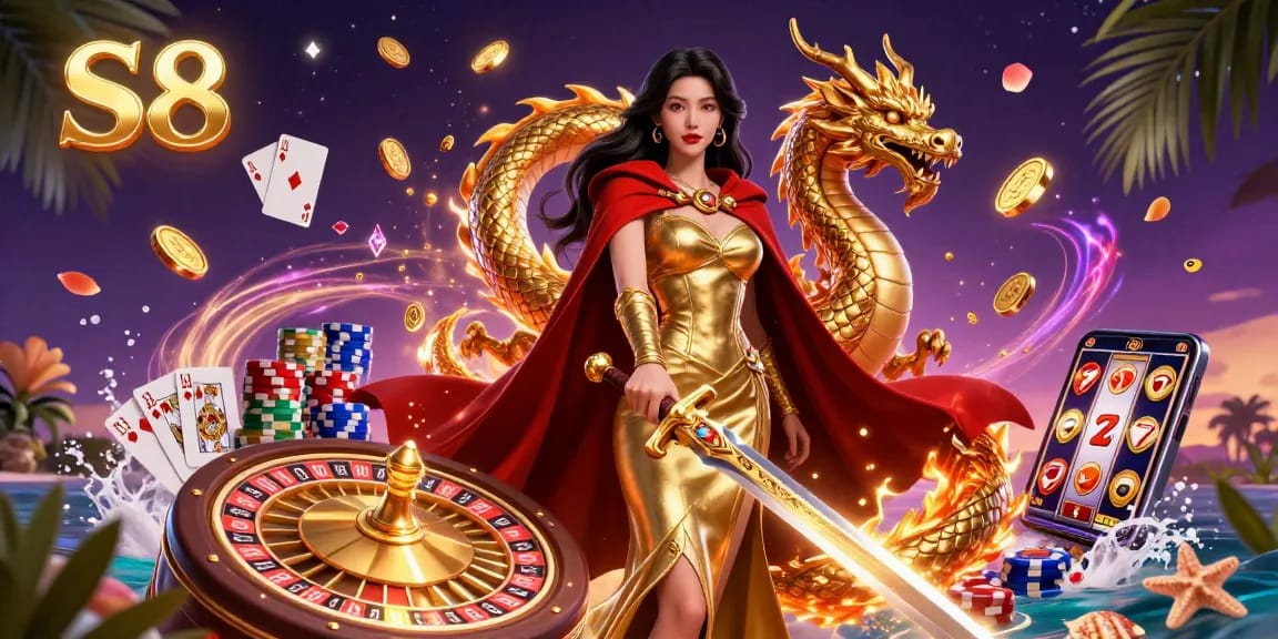 S8 offers an exciting gaming experience with a captivating scene featuring a powerful warrior queen amidst casino elements like roulette wheels and poker chips.