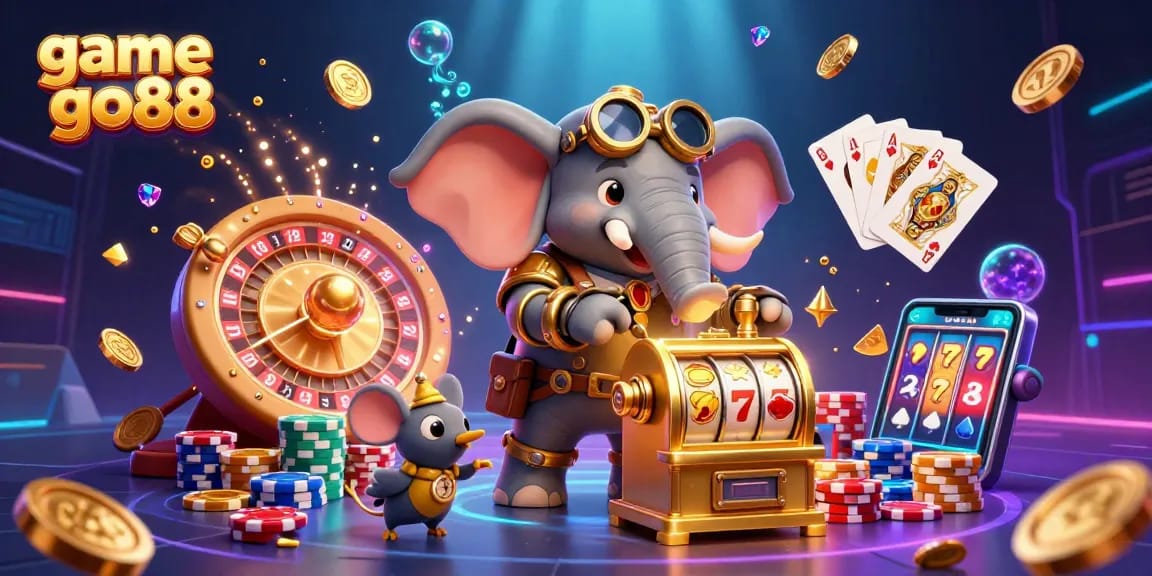 Engage with game go88 as a steampunk elephant engineer operates a golden slot machine amidst a dynamic casino scene.