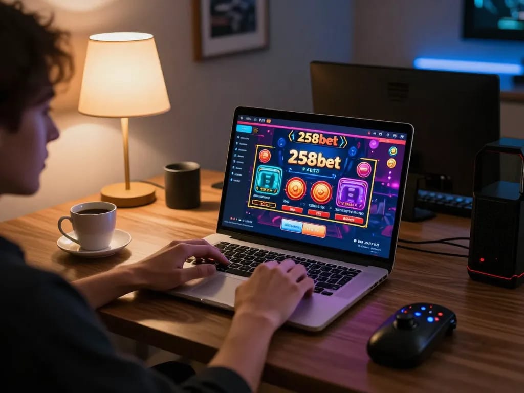 Engaging with 258bet online casino through a home gaming setup for strategic betting.